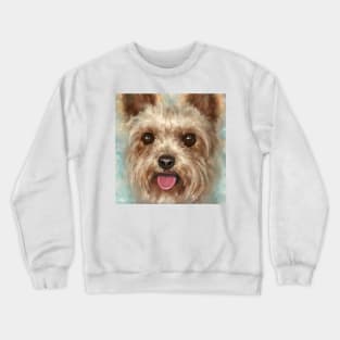 Painting of a Furry Yorkshire Terrier with Its Tongue Out on Cloudy Background Crewneck Sweatshirt